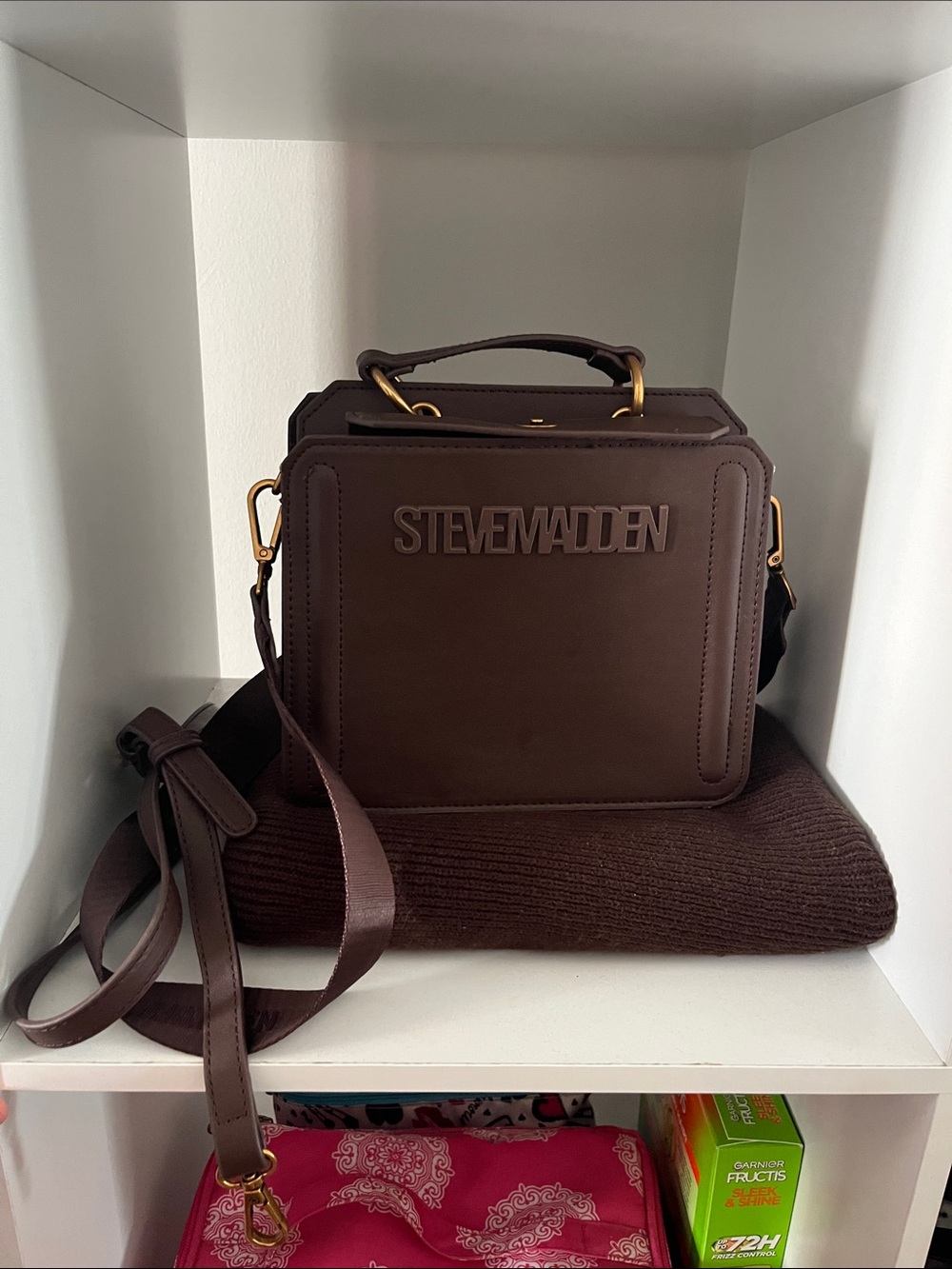 Steve Madden Chocolate Brown Box Satchel with Top Handle - Picture 2 of 6